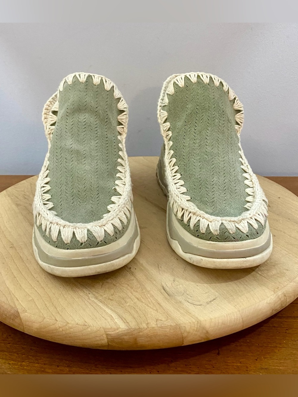 Mou Eskimo Sneaker Boots Sage Green Sheepskin Wool Crochet Stitching Womens US 9 - Picture 2 of 11